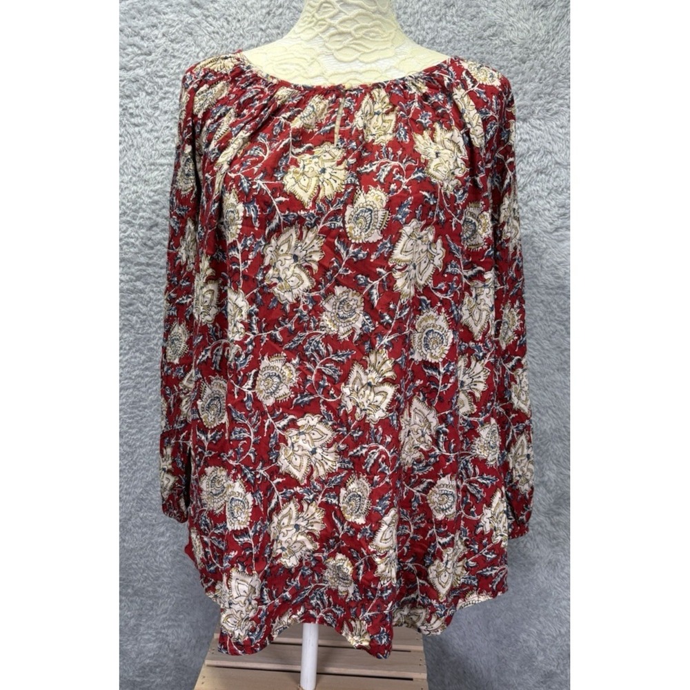 Chaps Womens XXL Red Floral Cotton Peasant Blouse Long Sleeve Boho Top